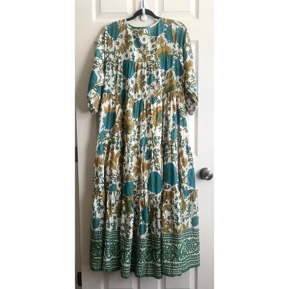 NATURAL LIFE Auguste Cream Green Border 100% Cotton Boho Maxi Dress Sz M - Picture 11 of 16